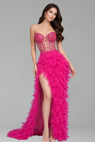 Feathered High-Slit Rhinestone Dress
