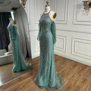 Ships in 2 to 5 Days - Elegant Beaded Halter Gown with Sheer Sleeves