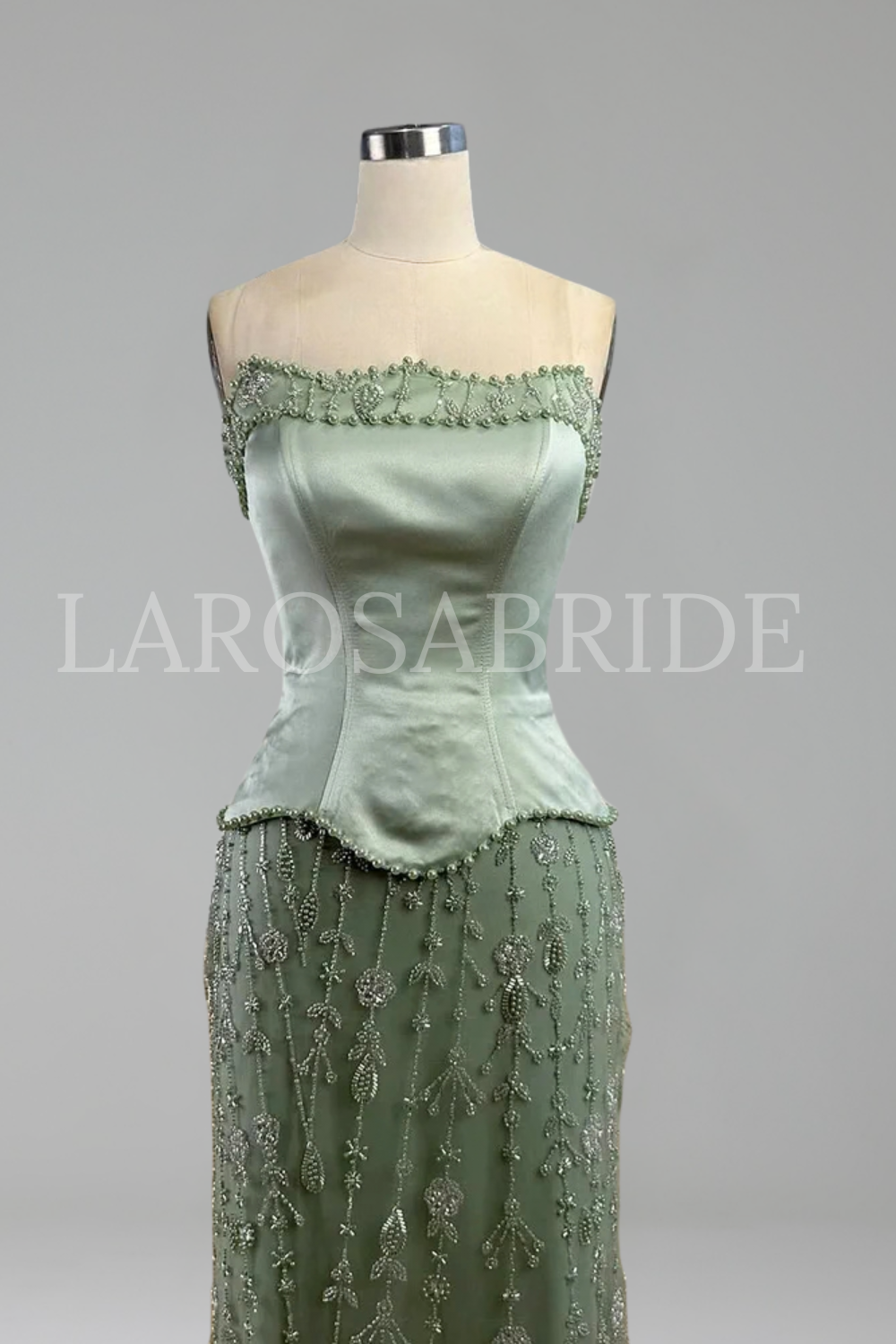 Satin Beaded Gown with Bodice - LAROSABRIDE