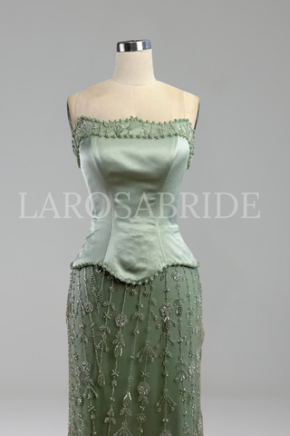 Satin Beaded Gown with Bodice - LAROSABRIDE