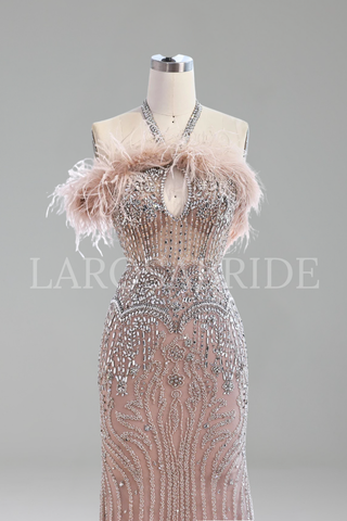 Luxury Halter Feather Crystal Gown - LAROSABRIDE