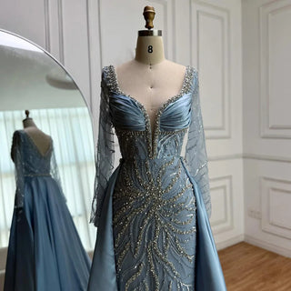 Ships in 2 to 5 Days - Luxury Designer Blue Beaded Evening Gown with Long Sleeves – Formal Dress for Wedding & Party