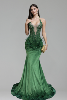 Feathered Embellished Mermaid Gown - LAROSABRIDE