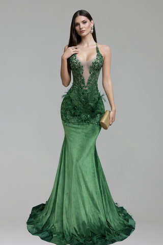 Feathered Embellished Mermaid Gown