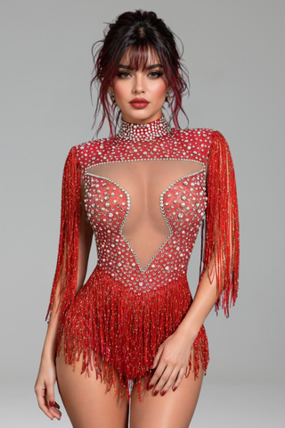 High-Neck Crystal Fringed Bodysuit - LAROSABRIDE