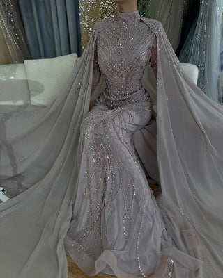 Ships in 2 to 5 Days - Muslim Sage Green Mermaid Cape Sleeves Beaded Satin Luxury Evening Dresses Gowns for Women | Party 2025