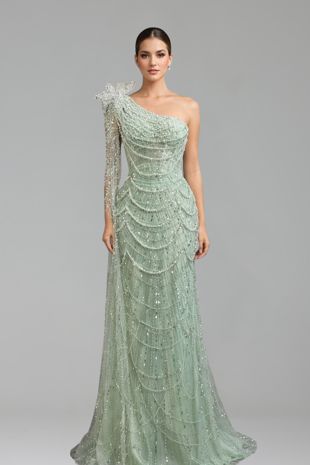 One-Shoulder Pearl Mermaid Dress-Larosabride