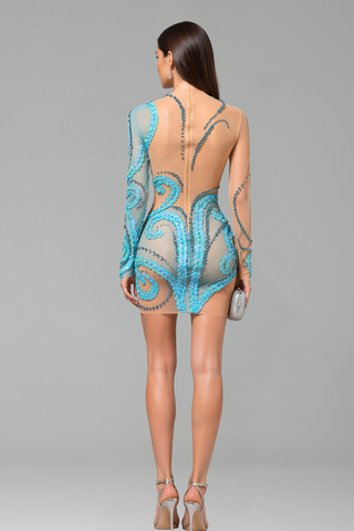 Sheer Embellished Swirl Mini Dress