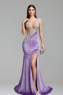 Illusion Lace Velvet Slit Gown - LAROSABRIDE
