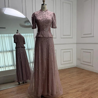 Blush Embellished Peplum Evening Gown