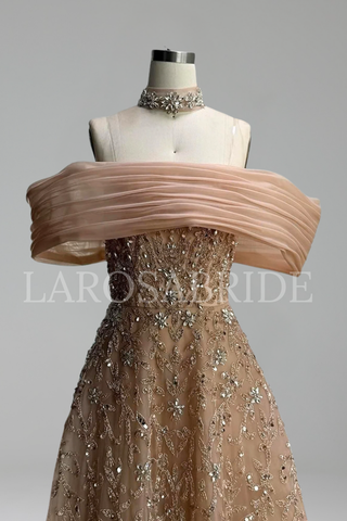 Off-Shoulder Beaded A-Line Gown - LAROSABRIDE
