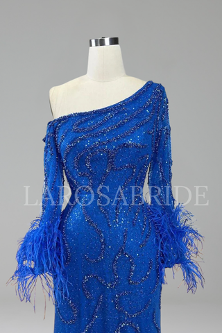 Beaded Feather One Shoulder Dress - LAROSABRIDE