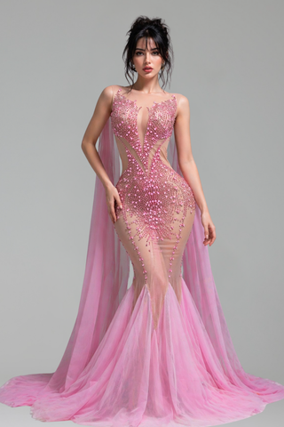 Crystal Embellished Illusion Mermaid Gown - LAROSABRIDE