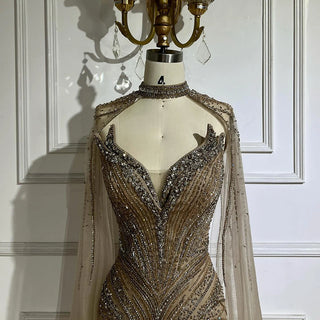 Ships in 2 to 5 Days -Caramel Beaded Feathered Mermaid Evening Dress with Detachable Cape Sleeves – Gown for Formal Occasions