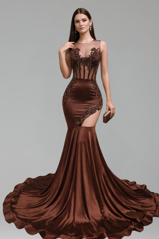Sheer Embellished Mermaid Satin Gown - LAROSABRIDE