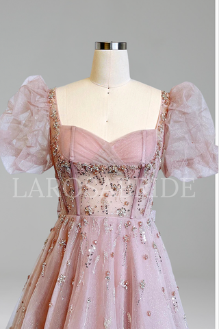 Puff Sleeve Beaded Ballgown - LAROSABRIDE