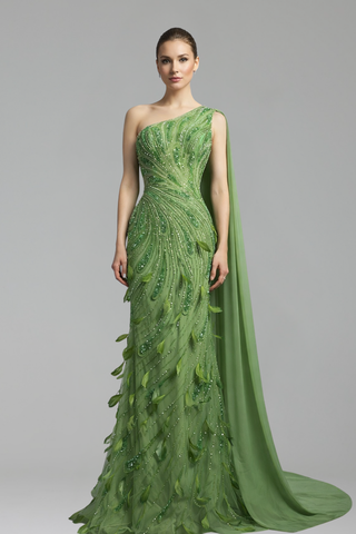 One-Shoulder Leaf Gown-Larosabride