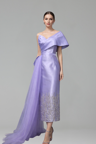 One-Shoulder Beaded Satin Mermaid Gown