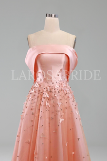 Peach Off-the-Shoulder A-Line Satin Gown - LAROSABRIDE