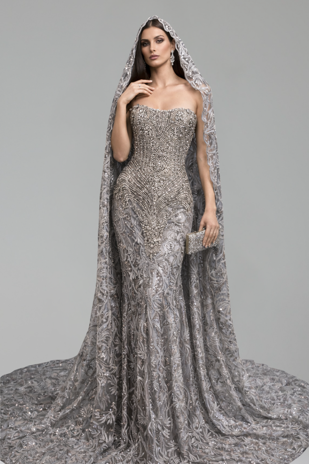 Strapless Embellished Cape Mermaid Gown - LAROSABRIDE