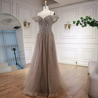 Ships in 2 to 5 Days - Luxury Customized Gray Beaded Arabic Off-Shoulder A-Line Evening Dress – 2025 Collection