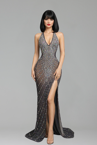 Black Crystal Halter Slit Gown - LAROSABRIDE