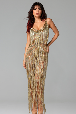 Fringe Sequin Deep-Neck Dress - LAROSABRIDE