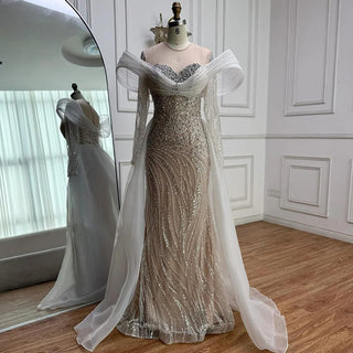 Ships in 2 to 5 Days - Luxury White Nude Beaded Mermaid Evening Dress – Saudi-Inspired Formal Gown with Overskirt