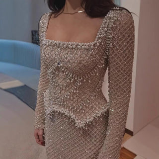 Luxury Pearl Beaded Mermaid Evening Gown with Long Sleeves – Formal Occasion Dress