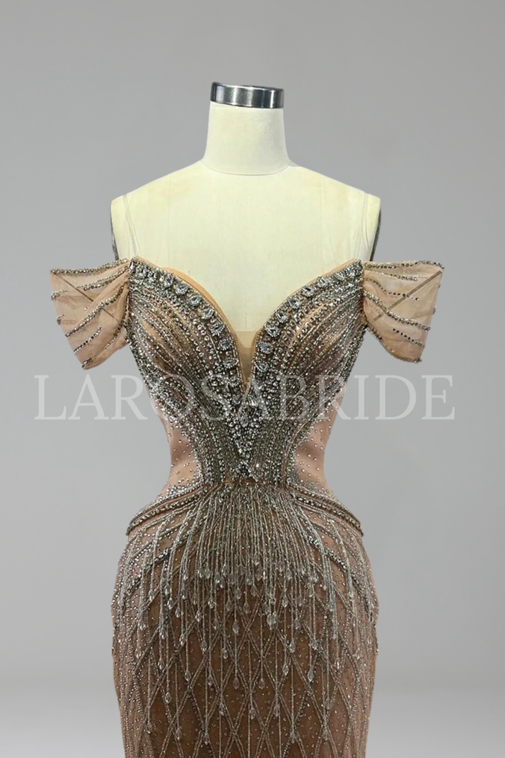 Off-Shoulder Beaded Tulle Mermaid Gown - LAROSABRIDE