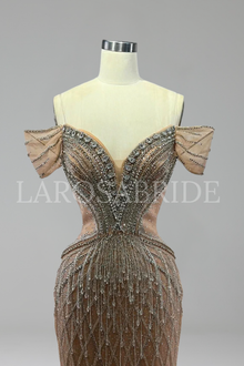 Off-Shoulder Beaded Tulle Mermaid Gown - LAROSABRIDE