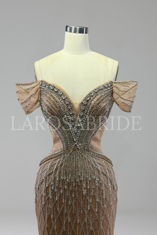 Off-Shoulder Beaded Tulle Mermaid Gown - LAROSABRIDE