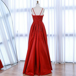 Luxury Red Beaded Spaghetti-Strap Evening Gown with High Slit & Overskirt – Elegant Formal Dress