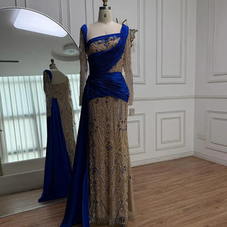 Royal-Blue Draped Crystal Gown