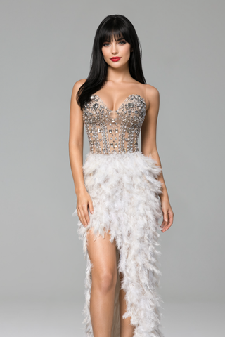 Crystal Feather High-Low Mini Dress - LAROSABRIDE