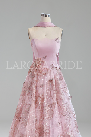Pink Two Pieces Evening Dress With Cape - LAROSABRIDE