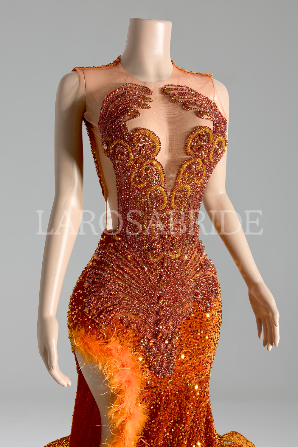 Feather Trim Sequin Gown-Larosabride