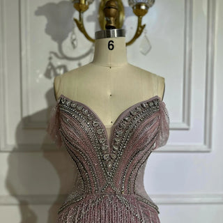 Ships in 2 to 5 Days -2025 Custom Saudi-Style Off-Shoulder Beaded Nude Tulle Mermaid Evening Dress – Formal Occasion Gown