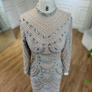 Ships in 2 to 5 Days - 2025 Muslim Nude Elegant Mermaid High Split Beaded Luxury Evening Dress - Gown for Women's Wedding Party