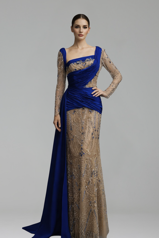 Royal-Blue Draped Crystal Gown
