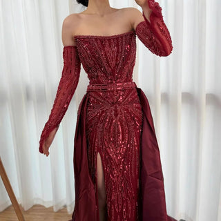 Ships in 2 to 5 Days - Luxury Wine Red Strapless Beaded Evening Gown with Overskirt & Matching Gloves