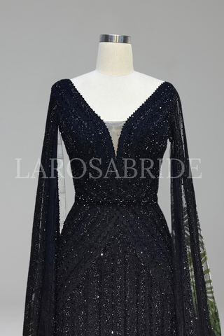 Black Beaded A-Line Cape Sleeves Gown - LAROSABRIDE