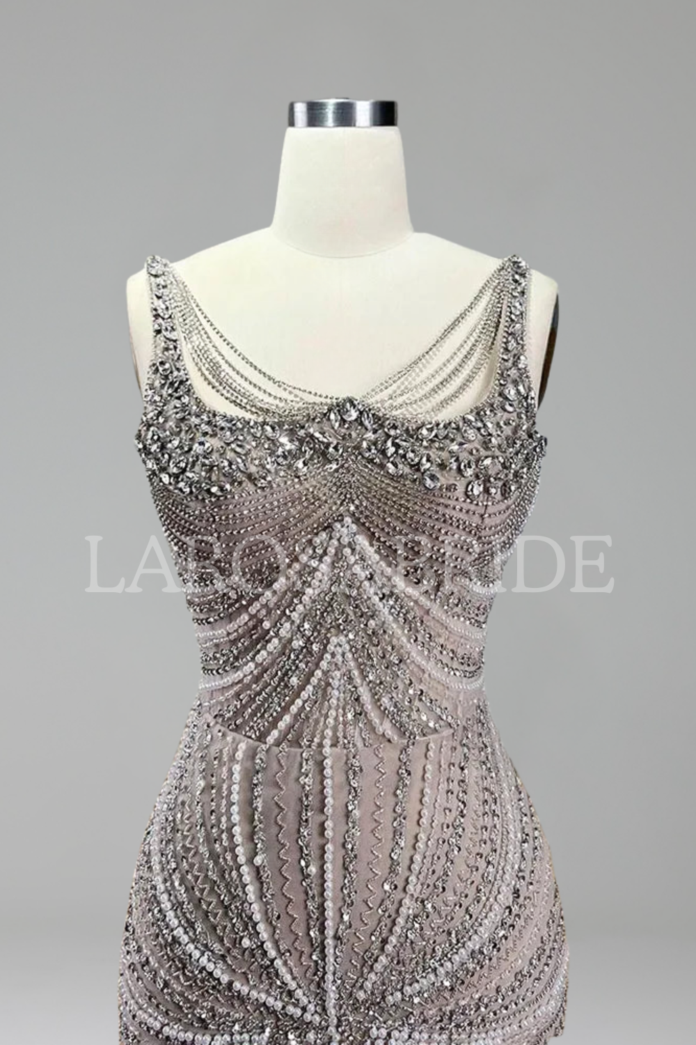 Pearl-Beaded Spaghetti Mermaid Dress-Larosabride