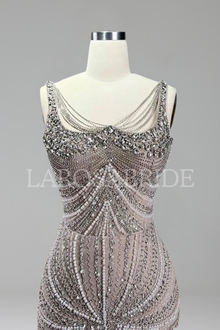 Pearl-Beaded Spaghetti Mermaid Dress-Larosabride
