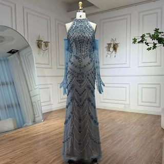 Ships in 2 to 5 Days - 2025 Luxury Blue Arabic Mermaid Evening Gown with High Neck & Crystal Beading – Formal Occasion Dress