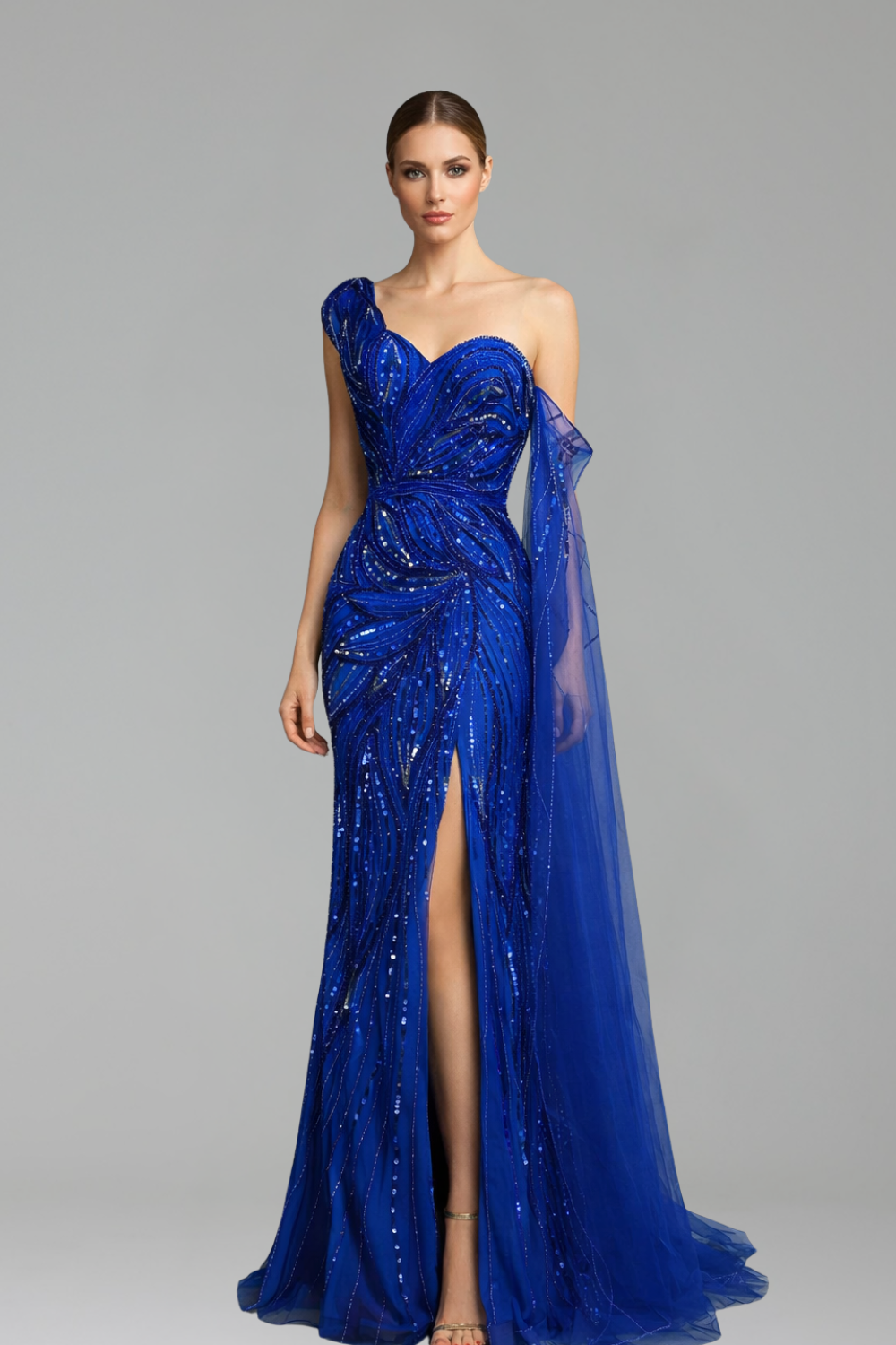 One-Shoulder Beaded Mermaid Split Dress-Larosabride