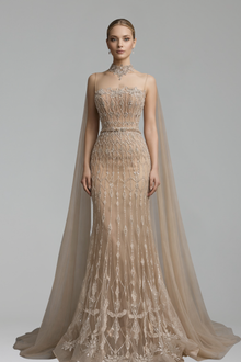 Beaded Spaghetti Strap Mermaid Dress with Cape-Larosabride