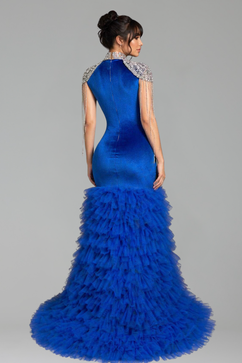 Crystal Embellished Bodice Ruffled Tulle Gown - LAROSABRIDE