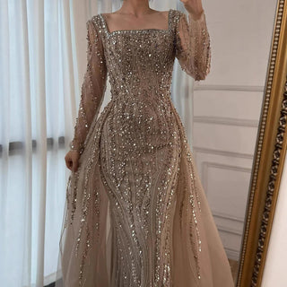 2025 Arabic Caramel Beaded Mermaid Evening Gown with Overskirt – Luxury Formal Dress for Women
