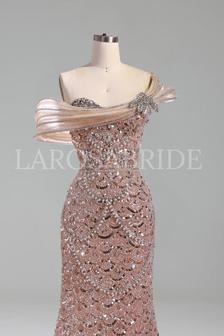 Nude Beaded Off Shoulder Mermaid - LAROSABRIDE